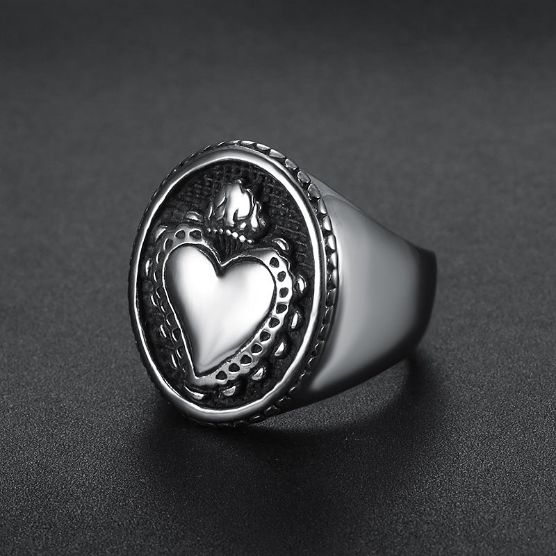 Men's Stainless Steel Sacred Heart of Jesus Ring – Punk Biker Cross Amulet