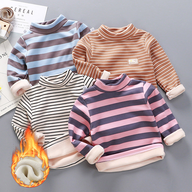 Children's Stripe Velvet-Lined Thermal Base Layer Top | High Collar Boys & Girls