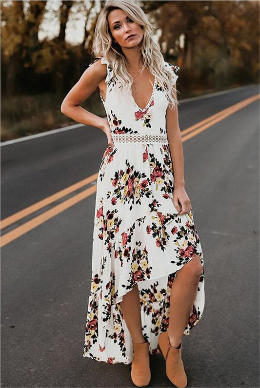 Women's Sleeveless Halter-Neck Printed Ruffle Maxi Dress | High-Waist Cotton Pullover Dress