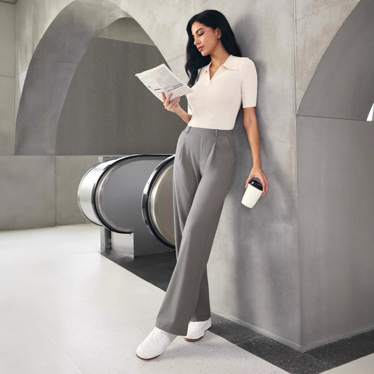Women's High Waist Wide-Leg Work Trousers - Nylon Blend