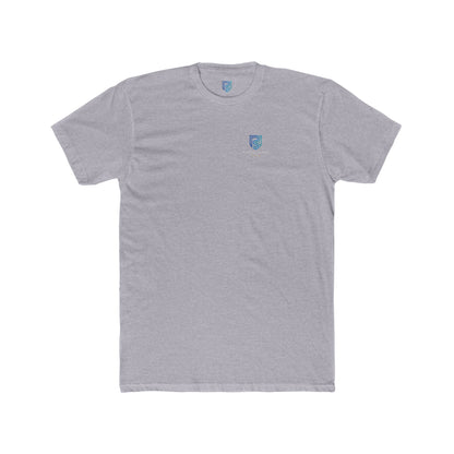 Gray t-shirt with a small logo on a white background