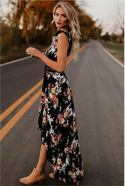 Women's Sleeveless Halter-Neck Printed Ruffle Maxi Dress | High-Waist Cotton Pullover Dress