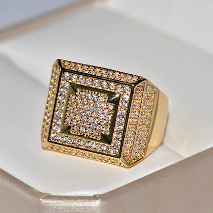 Men's Copper AAA Zircon Square Ring – Micro Pavé Geometric Gold & Silver Band