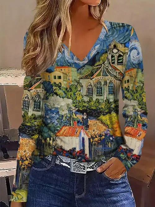 Women's Geometric Print V-Neck Long-Sleeve Top