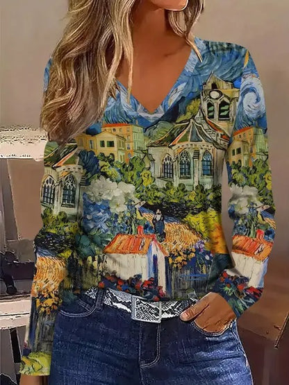 Women's Geometric Print V-Neck Long-Sleeve Top