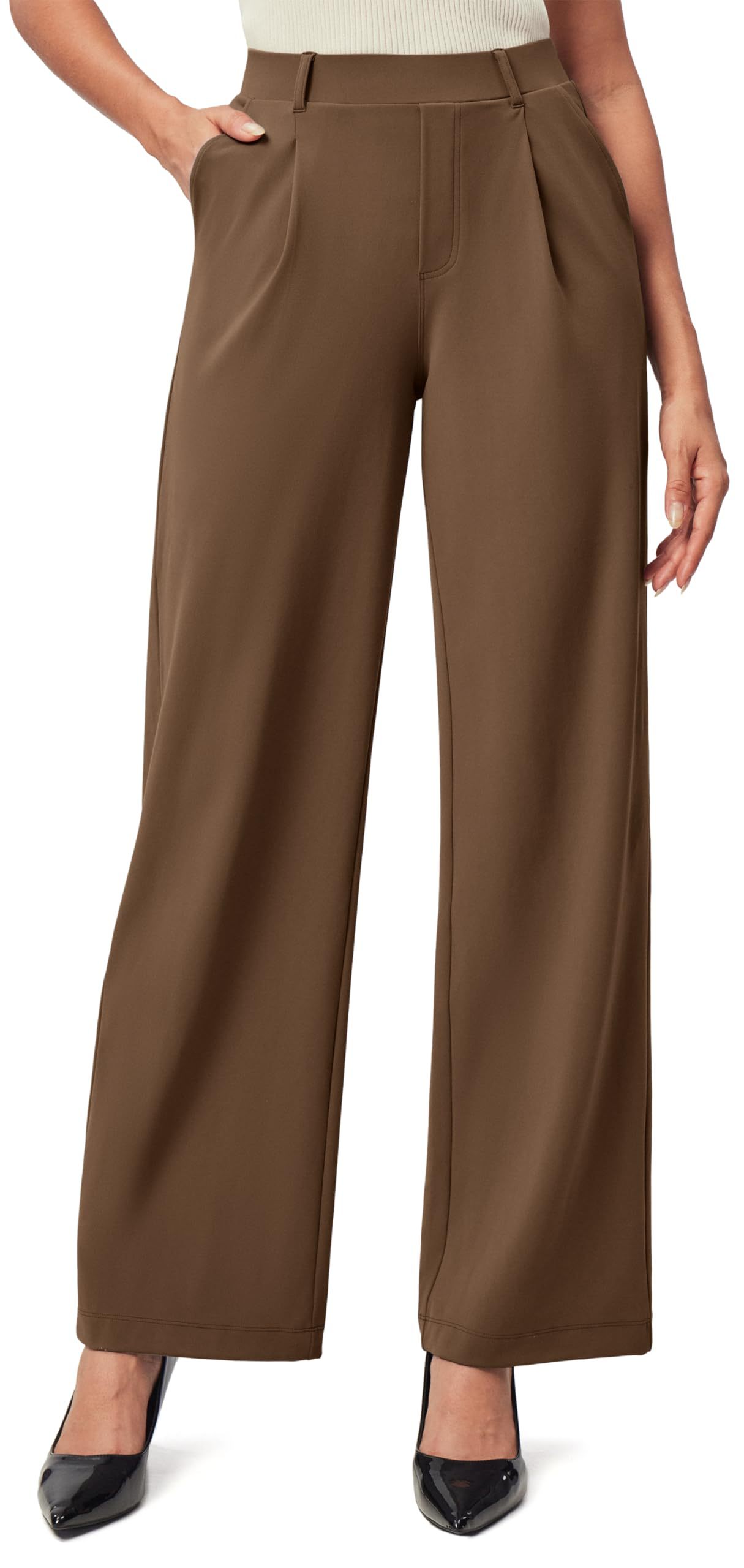 Women's High Waist Wide-Leg Work Trousers - Nylon Blend