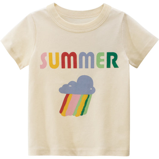 Girls Cotton Cartoon & Letter Print Short Sleeve T-Shirt – Cream
