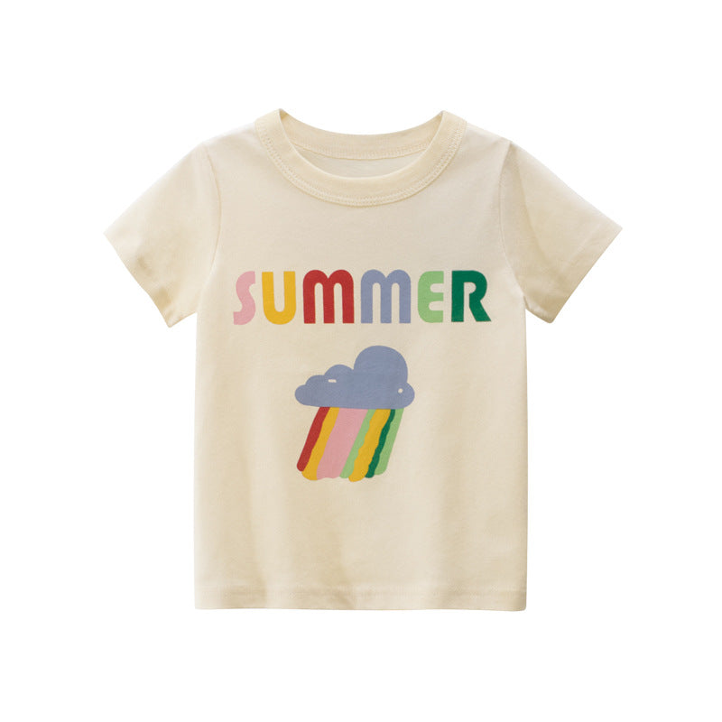Girls Cotton Cartoon & Letter Print Short Sleeve T-Shirt – Cream