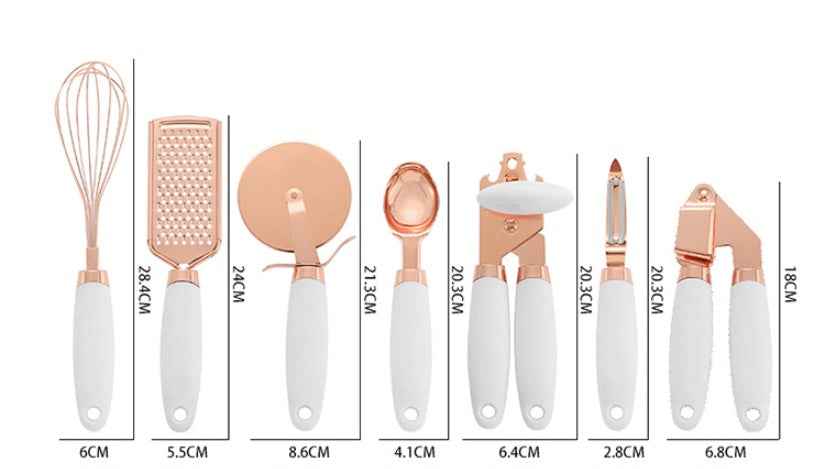 7-Piece Stainless Steel Kitchen Tool Set – Rose Gold Finish Cooking Utensils with Rack