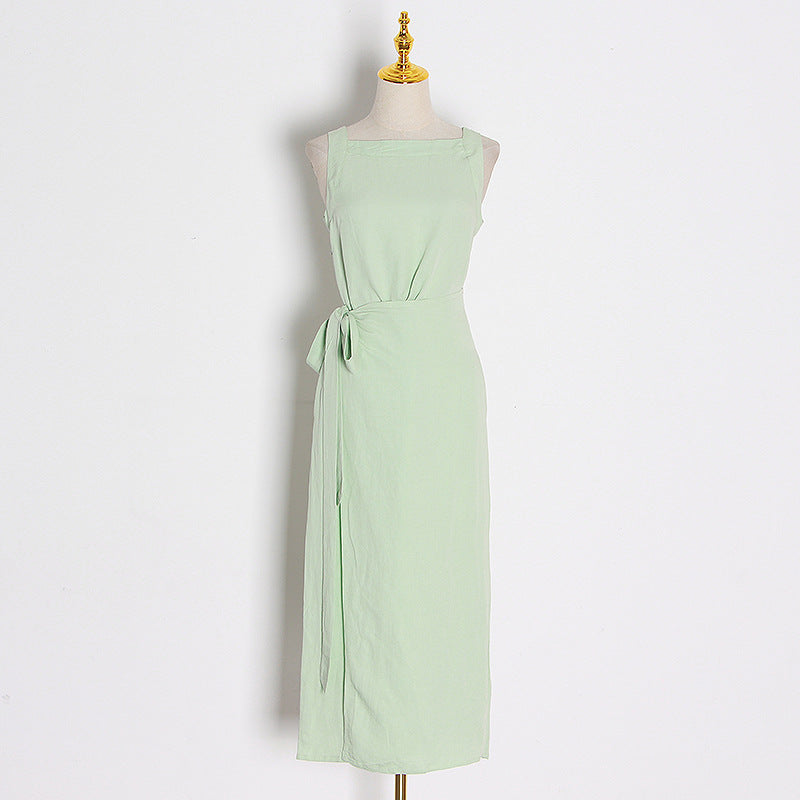 Women's Spaghetti Strap A-Line Maxi Dress | Elegant Cami Dress in Apricot and Green