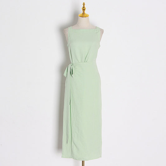 Women's Spaghetti Strap A-Line Maxi Dress | Elegant Cami Dress in Apricot and Green
