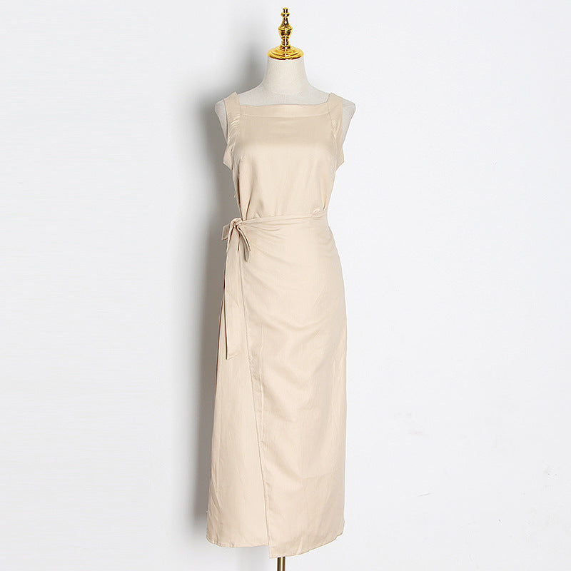 Women's Spaghetti Strap A-Line Maxi Dress | Elegant Cami Dress in Apricot and Green