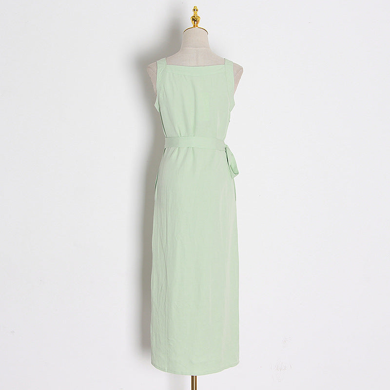 Women's Spaghetti Strap A-Line Maxi Dress | Elegant Cami Dress in Apricot and Green