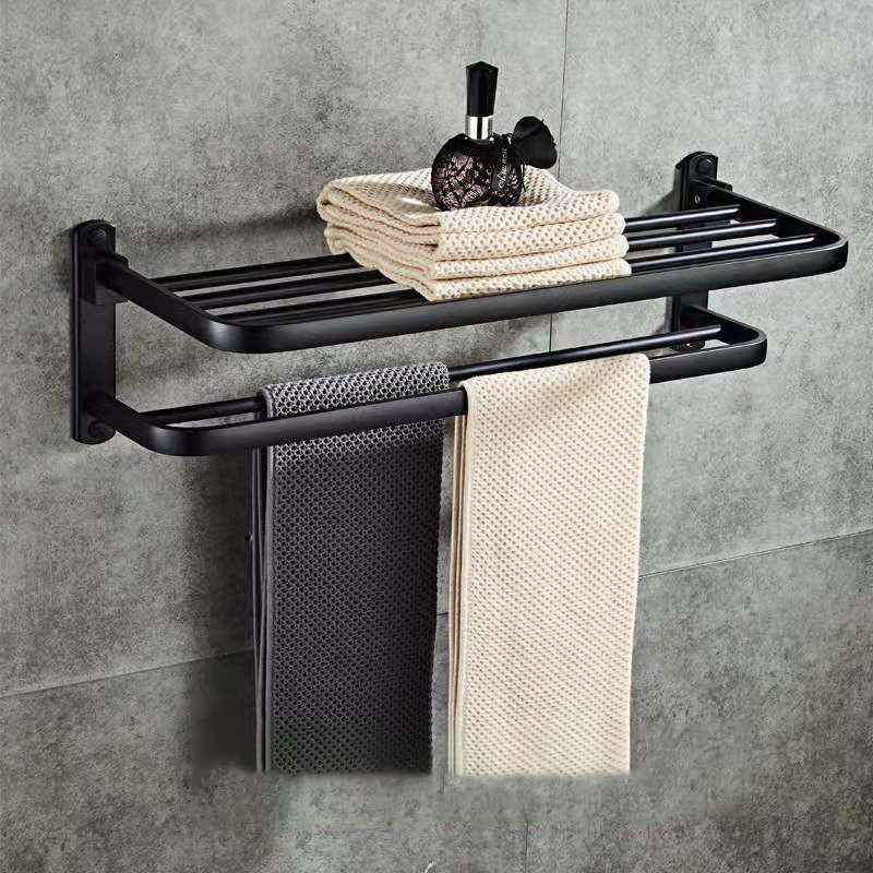 Space Aluminium Folding Bathroom Shelf – Double-Layer Towel Rack with Hooks