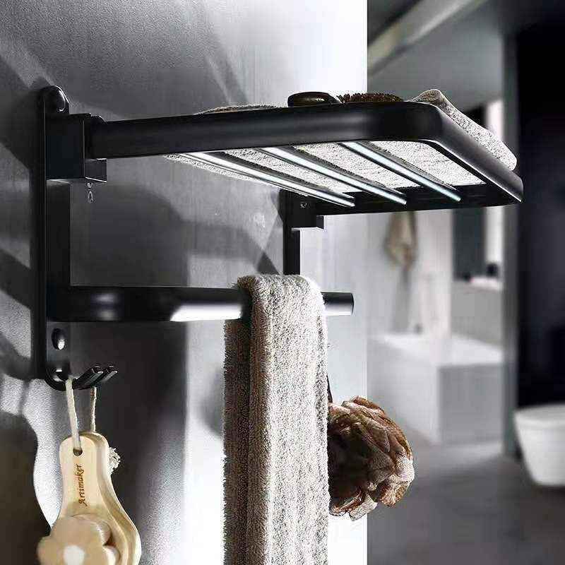 Space Aluminium Folding Bathroom Shelf – Double-Layer Towel Rack with Hooks