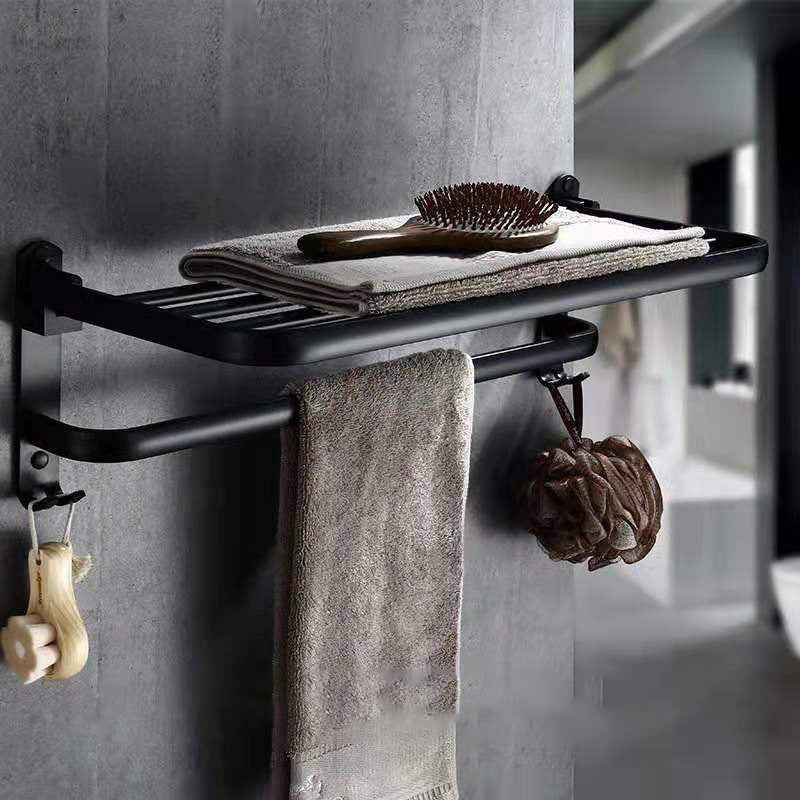 Space Aluminium Folding Bathroom Shelf – Double-Layer Towel Rack with Hooks