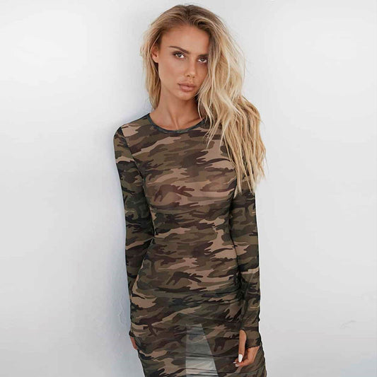 Women's Camouflage Mesh See-Through Bodycon Dress | Long-Sleeve Slim-Fit Mini Dress