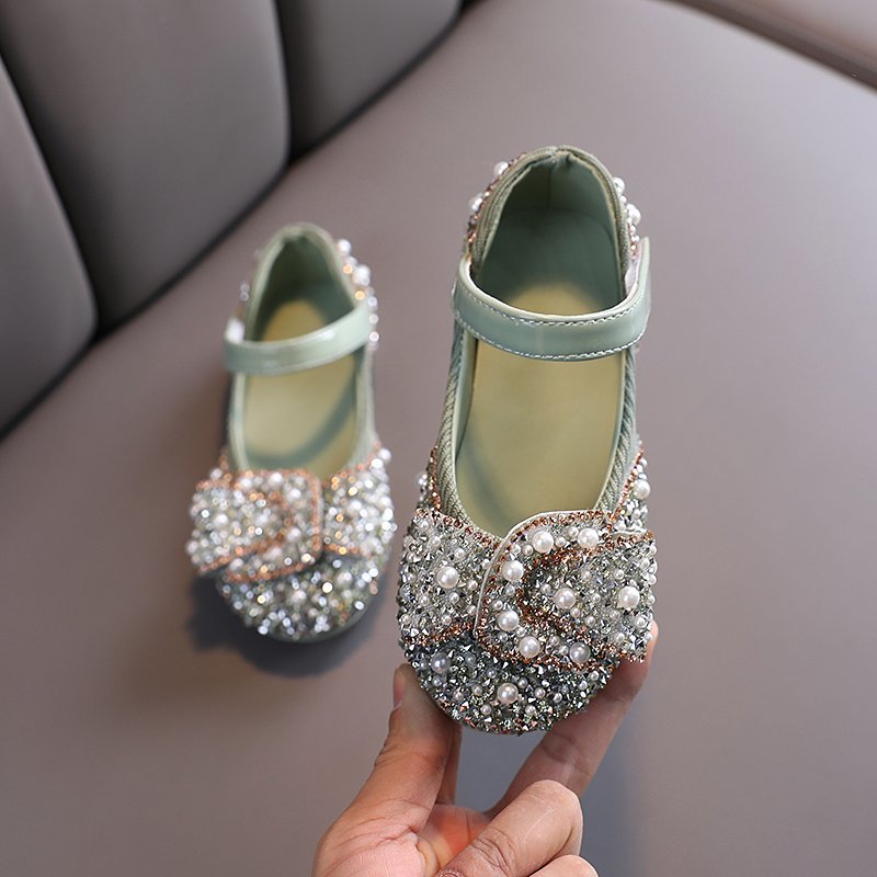 Girls' Rhinestone Princess Shoes - PU Leather Velcro Flat Sole Dress Shoes