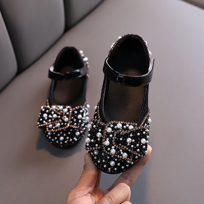 Girls' Rhinestone Princess Shoes - PU Leather Velcro Flat Sole Dress Shoes