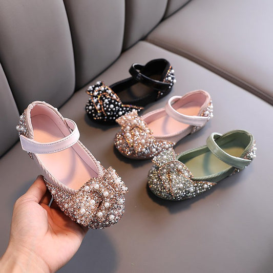 Girls' Rhinestone Princess Shoes - PU Leather Velcro Flat Sole Dress Shoes