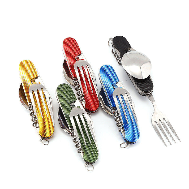 3-in-1 Folding Camping Cutlery Set – Stainless Steel Knife, Fork & Spoon Yellow, Red, Blue & Green