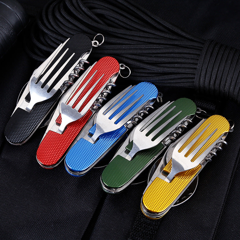 3-in-1 Folding Camping Cutlery Set – Stainless Steel Knife, Fork & Spoon Yellow, Red, Blue & Green