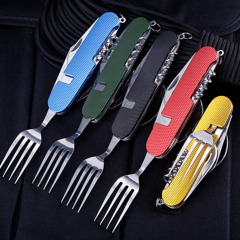 3-in-1 Folding Camping Cutlery Set – Stainless Steel Knife, Fork & Spoon Yellow, Red, Blue & Green