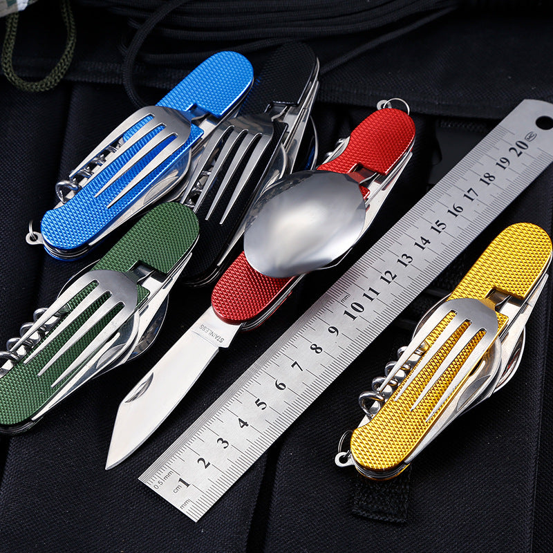 3-in-1 Folding Camping Cutlery Set – Stainless Steel Knife, Fork & Spoon Yellow, Red, Blue & Green