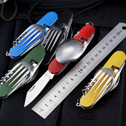 3-in-1 Folding Camping Cutlery Set – Stainless Steel Knife, Fork & Spoon Yellow, Red, Blue & Green