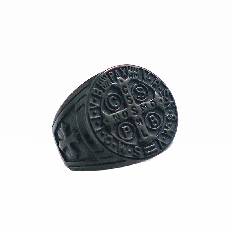 Men's Stainless Steel CSPB Cross Ring – Heavy Geometric Statement Band in Black