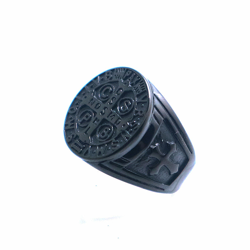 Men's Stainless Steel CSPB Cross Ring – Heavy Geometric Statement Band in Black