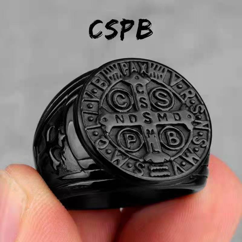 Men's Stainless Steel CSPB Cross Ring – Heavy Geometric Statement Band in Black