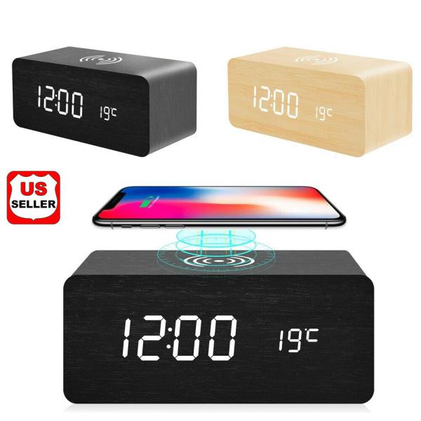 Wooden LED Alarm Clock with Wireless Charging