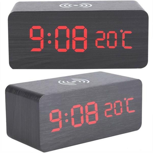 Wooden LED Alarm Clock with Wireless Charging