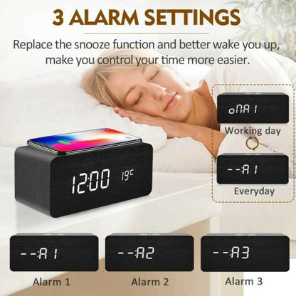 Wooden LED Alarm Clock with Wireless Charging