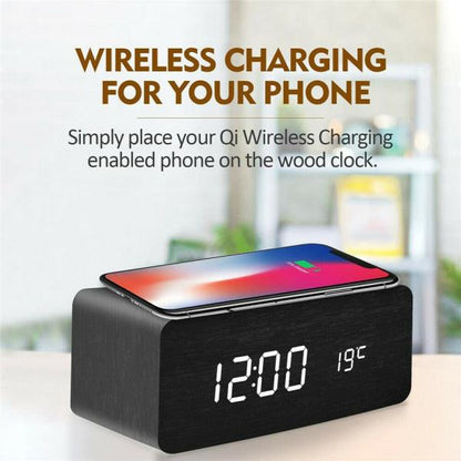 Wooden LED Alarm Clock with Wireless Charging