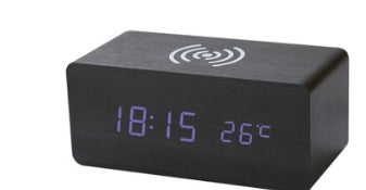 Wooden LED Alarm Clock with Wireless Charging