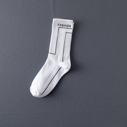 Men’s Jacquard Letter Pattern Mid-Tube Sports Socks Black & White 12 Designs