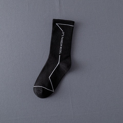 Men’s Jacquard Letter Pattern Mid-Tube Sports Socks Black & White 12 Designs