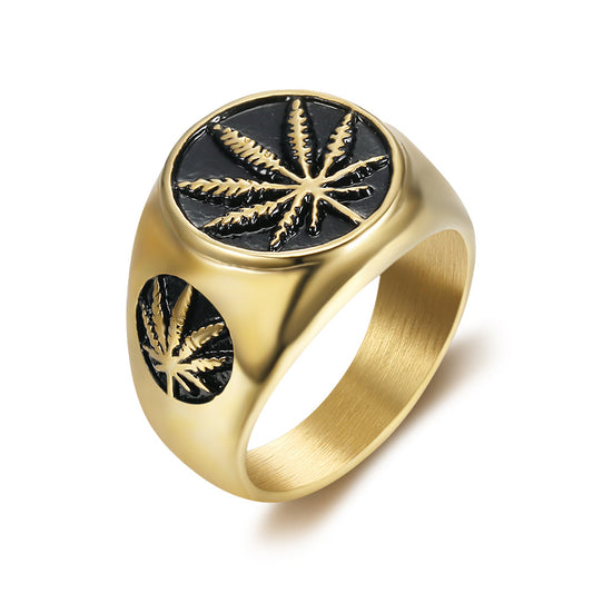 Stainless Steel Maple Leaf Ring – Vacuum Plated Gold Nature Band