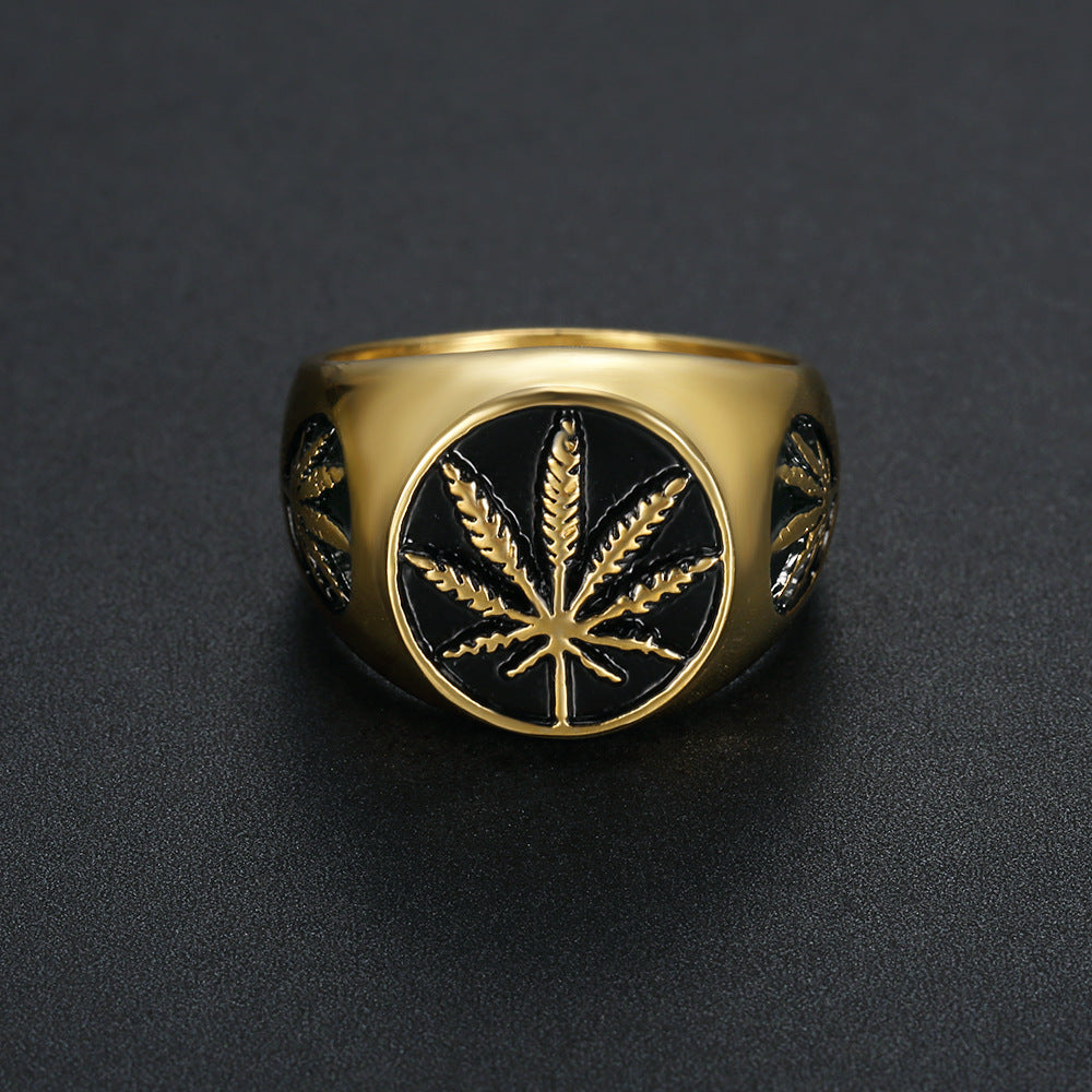 Stainless Steel Maple Leaf Ring – Vacuum Plated Gold Nature Band