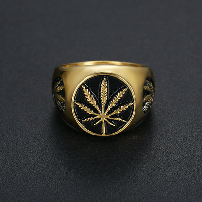 Stainless Steel Maple Leaf Ring – Vacuum Plated Gold Nature Band