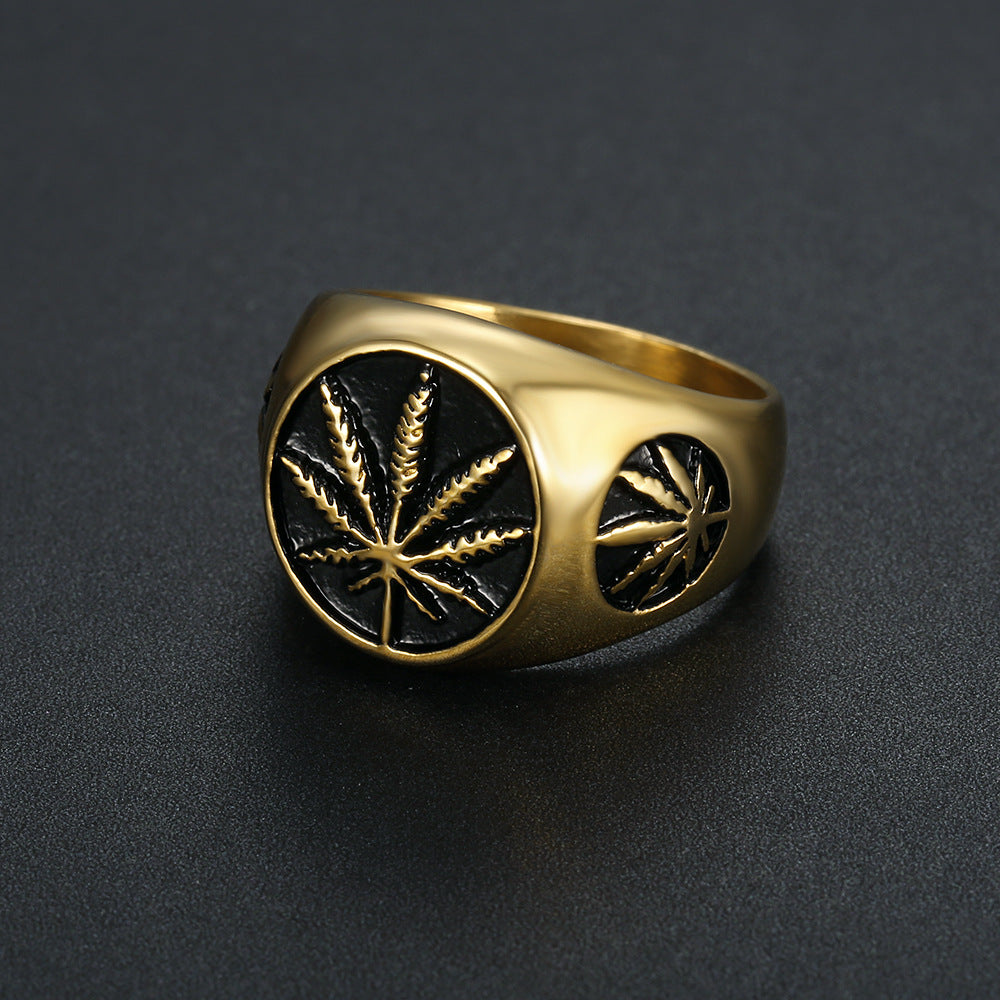 Stainless Steel Maple Leaf Ring – Vacuum Plated Gold Nature Band