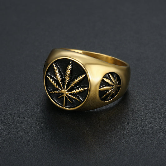 Stainless Steel Maple Leaf Ring – Vacuum Plated Gold Nature Band