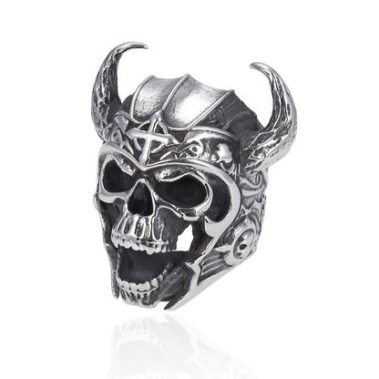 Men's Alloy Horned Skull Ring – Electroplated Retro Gothic Statement Band in Black