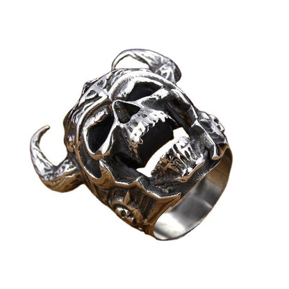 Men's Alloy Horned Skull Ring – Electroplated Retro Gothic Statement Band in Black