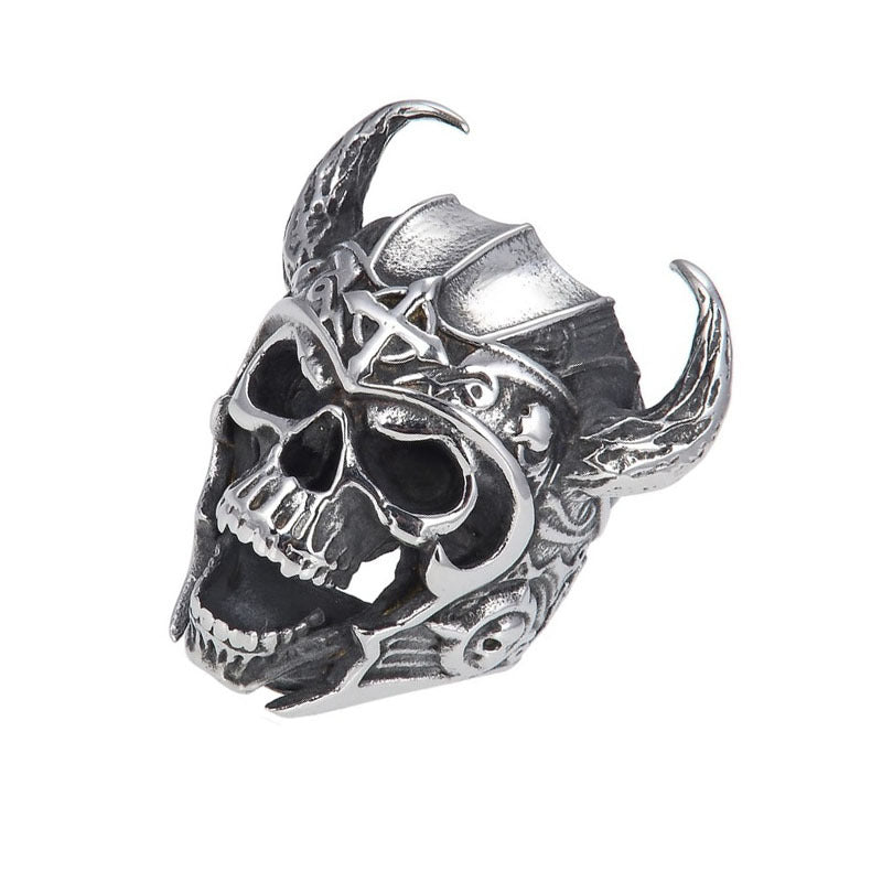 Men's Alloy Horned Skull Ring – Electroplated Retro Gothic Statement Band in Black