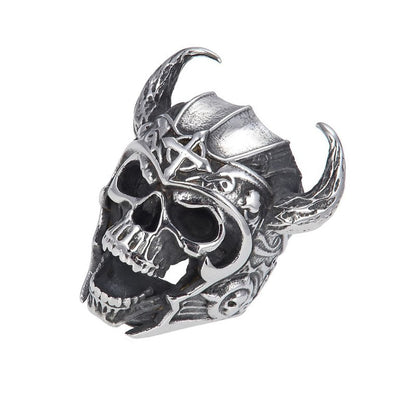 Men's Alloy Horned Skull Ring – Electroplated Retro Gothic Statement Band in Black