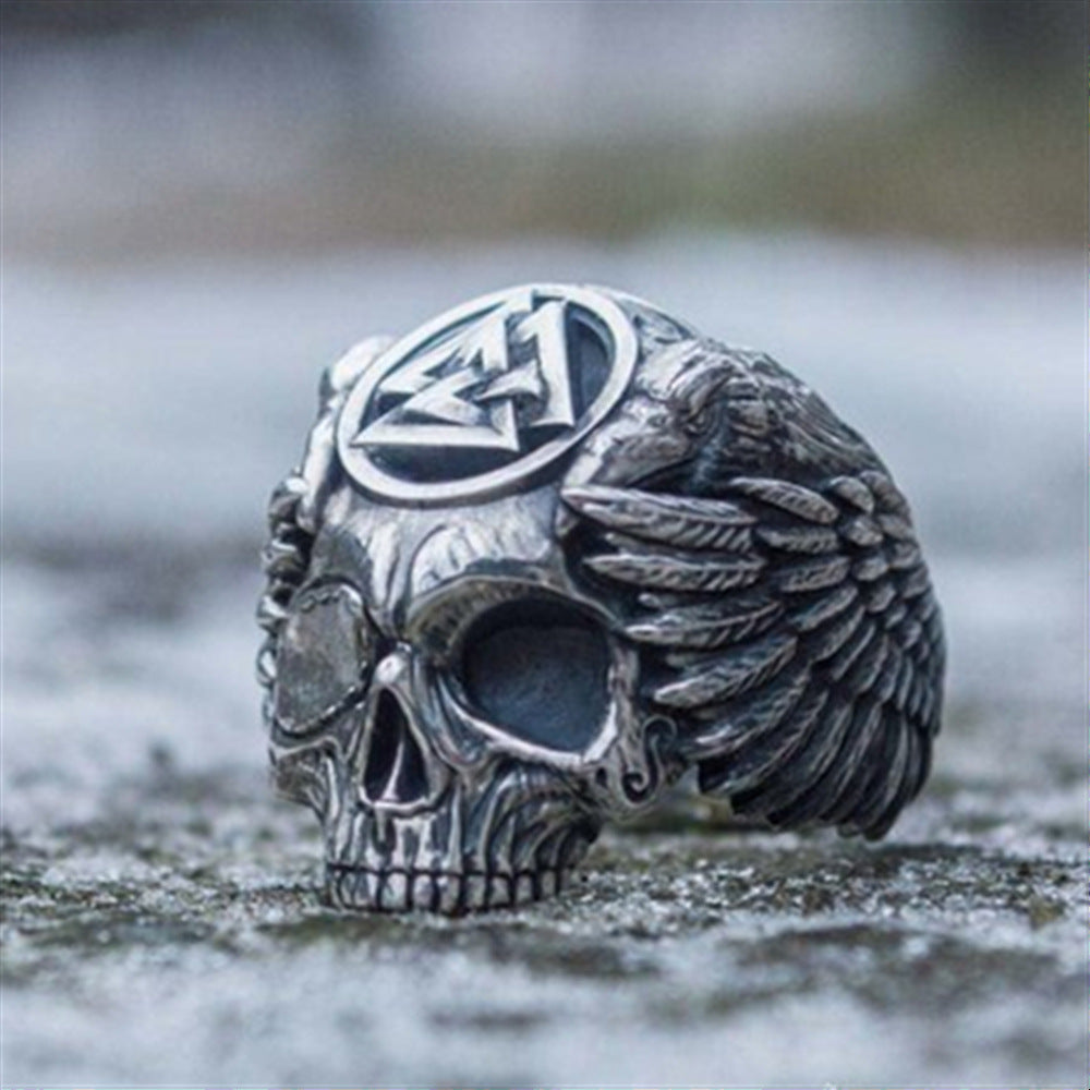 Men's Odin & Ravens Viking Ring – Valknut Skull Norse Amulet Band