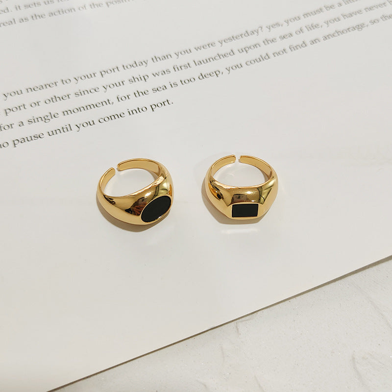 Unisex Brass Black Shell Ring – Gold Adjustable Square & Round Minimalist Band